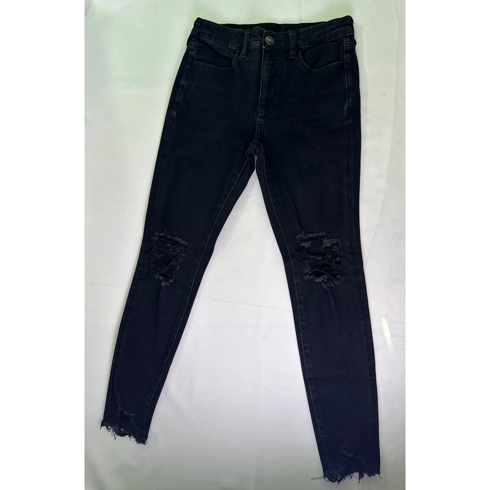 American Eagle The Dream Jean Black Distressed Super Skinny High Rise Denim 6